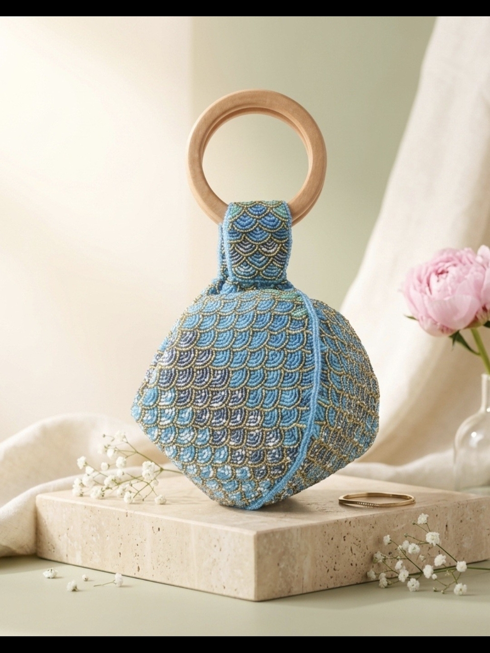 Bamboo Trading Company Mermaid Shimmer Beaded Handbag Wooden Bangle Handle NWT